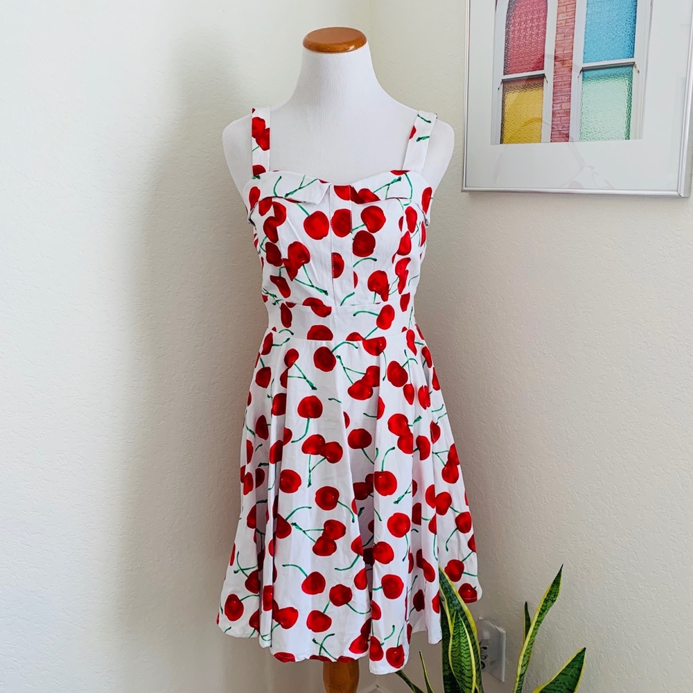 NWOT Rockabilly Cherry Print White Pinup Dress